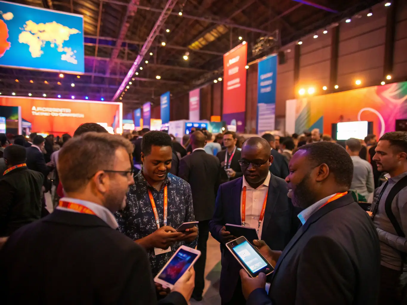 A vibrant photograph capturing the energy of a tech conference in Johannesburg, South Africa, with diverse attendees networking and engaging with exhibitors.
