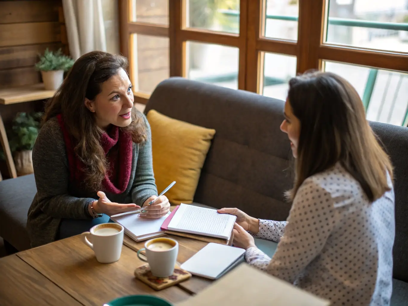 A photograph of a young professional receiving a career advice from a mentor at a tech conference career fair in Durban, South Africa. The setting is supportive and encouraging, with resources available to help attendees advance their careers.
