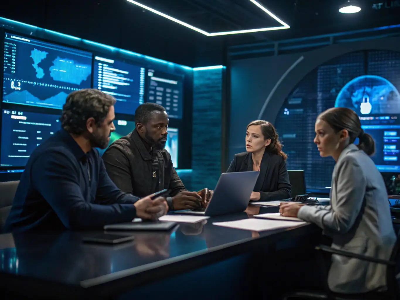 A modern image of a cybersecurity summit in Durban, South Africa, showcasing experts discussing threat intelligence and data protection strategies.