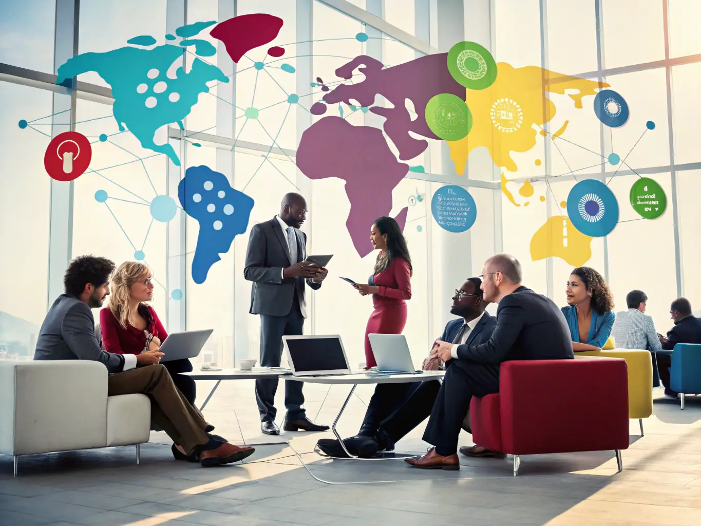 A photograph capturing a diverse group of professionals actively networking during a coffee break at a tech conference in Johannesburg, South Africa. The atmosphere is energetic and engaging, with people exchanging business cards and discussing ideas.
